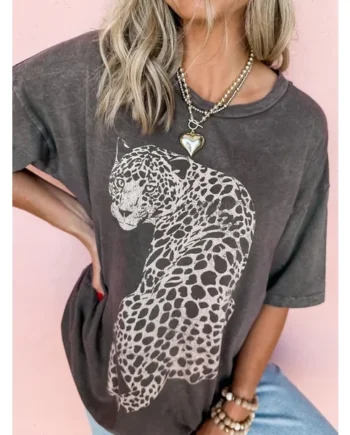 Cheetah Mineral Wash Round Neck Half Sleeve T-Shirt