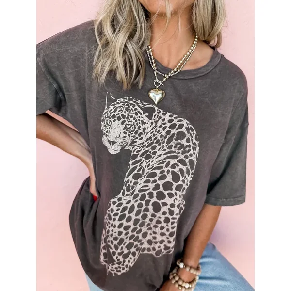Cheetah Mineral Wash Round Neck Half Sleeve T-Shirt
