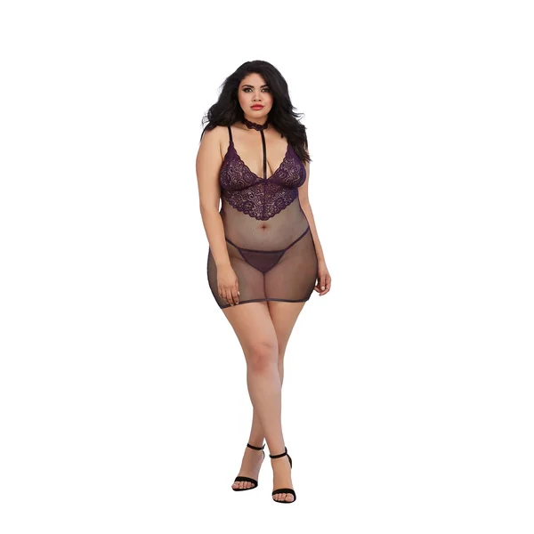 CHEMISE & G-STRING EGGPLANT QUEEN O/S