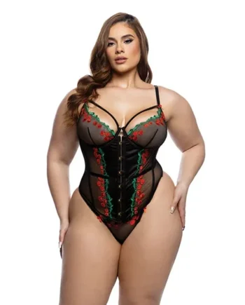 Cherry Delight Embroidered Underwire Corset w/G-String – Black 1X