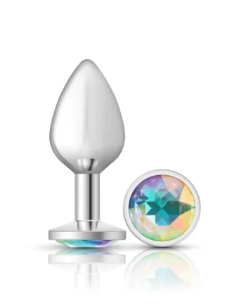 Clear Iridescent Round Gem Silver Metal Plug - Md