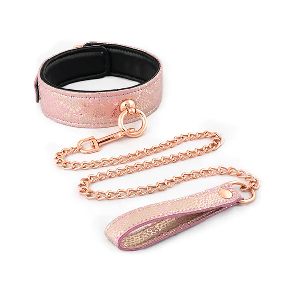 COLLAR & LEASH MICRO FIBER PINK SNAKE PRINT W/ LEATHER LINING