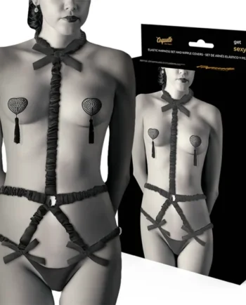 COQUETTE CHIC DESIRE - ELASTIC HARNESS SET AND NIPPLE COVERS BLACK