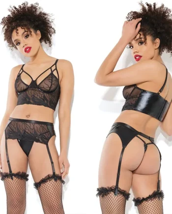 Coquette Longline Bra Garter Belt & G-String Set - Black Medium