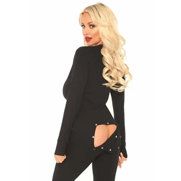 Cozy Brushed Rib Long Johns With Cheeky Snap Closure Back Flap – Medium/Large – Black