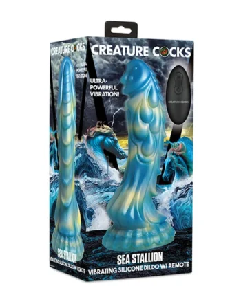 Creature Cocks Sea Statllion Vibrating Dildo w/ Remote - Blue/Yellow