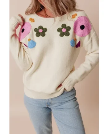 Crochet Flower Round Neck Dropped Shoulder Sweater
