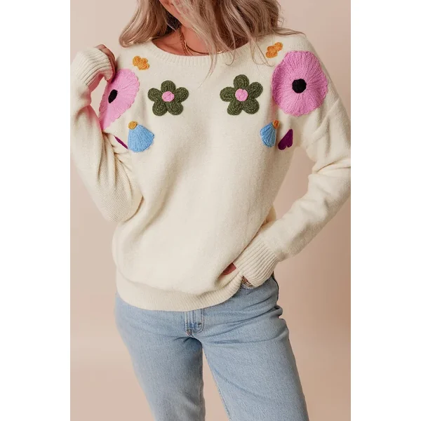 Crochet Flower Round Neck Dropped Shoulder Sweater