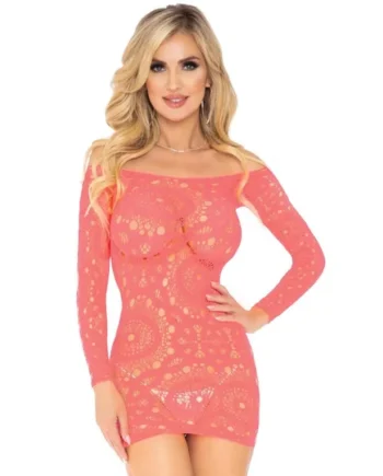 Crochet Lace Long Sleeve Mini Dress - Coral - One Size