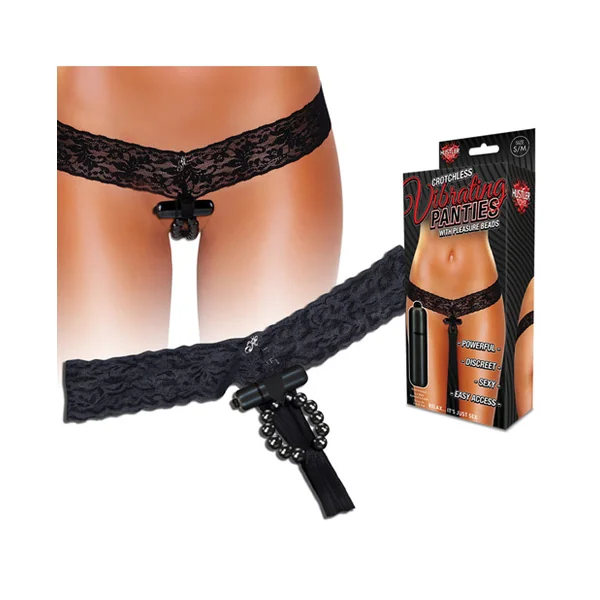 CROTCHLESS VIBRATING PANTIES W PLEASURE BEADS BLACK S/M