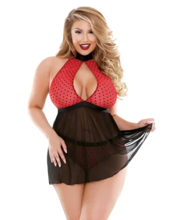 CURVE VALENTINA HALTER BABYDOLL W PANTY RED/BLACK 3X4X