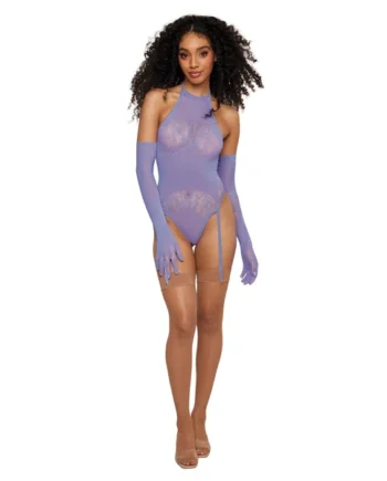 (D) SEAMLESS GARTER TEDDY W/ G GLOVE SET WISTERIA O/S