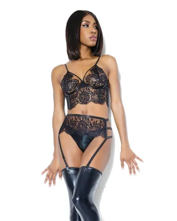 Darque Longline Bra, Garterbelt & Panty Black