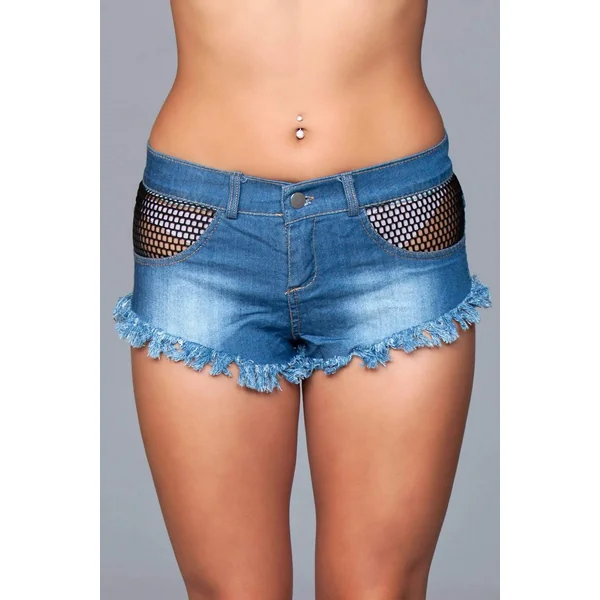 Denim Shorts With Fishnet Top Trimming and Fringe Bottom Details - Medium