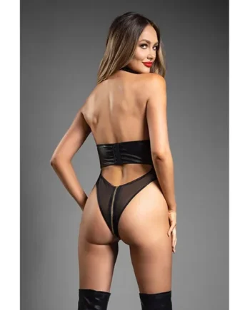 Domina Sheer Mesh Halter Teddy w/Wet Look Cinch Waist & Zipper Crotch – Black L/XL