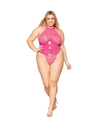 Dreamgirl Flocked Heart Stretch Mesh and Stretch Vinyl Halter Teddy Peony 2XL