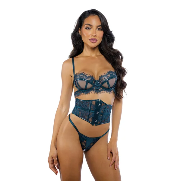 Eden Scalloped Eyelash Lace & Wet Look Waspie 3 pc Set - Teal