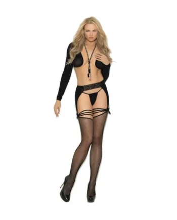 Elegant Moments Fishnet Thigh High With Lace & Opaque Garterbelt