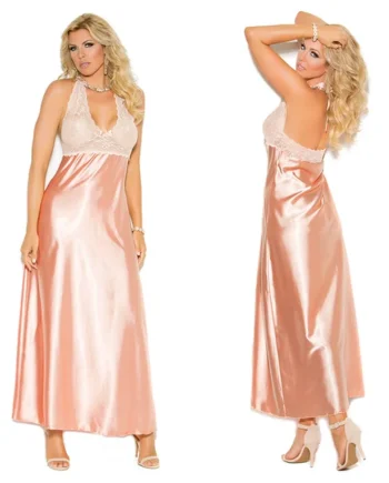 Elegant Moments Lace and Charmeuse Halter Neck Gown - Peach XXL