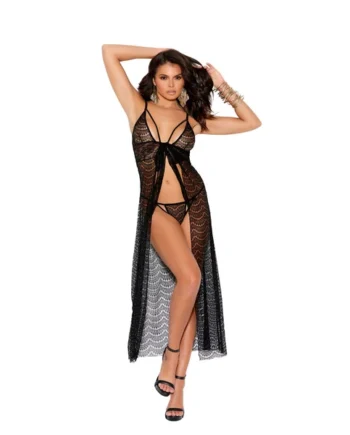 Elegant Moments Lace Slip On Gown With Strappy Front Detail, Adjustable Straps And Matching G-string Included