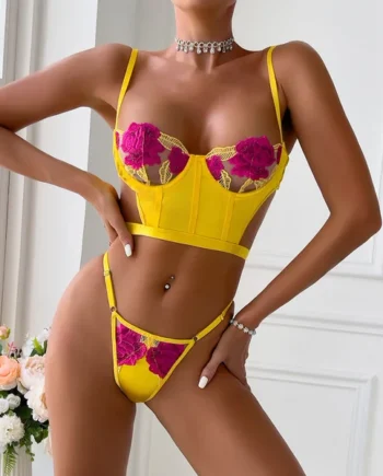 Embroidered Flower Lingerie Set – Sexy Two-Piece Erotic Lace Set