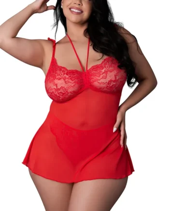 Exposed Sugar High Sheer Lace & Mesh Babydoll With Thong - Curvy