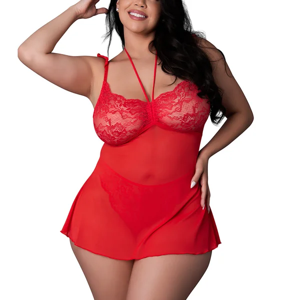 Exposed Sugar High Sheer Lace & Mesh Babydoll With Thong - Curvy