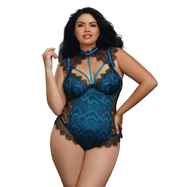 Eyelash Lace Collared Teddy - 3x - Black- Teal