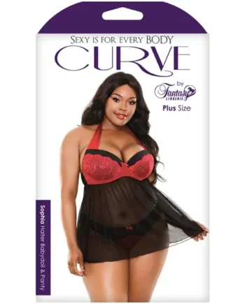 Fantasy Lingerie Curve Sophia Halter Babydoll & Panty Red/Black 3XL/4XL