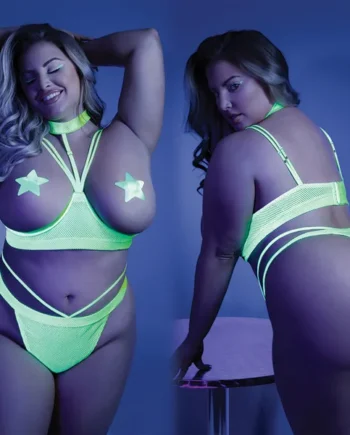 Fantasy Lingerie Glow Double Take Cupless Bra and Cage Thong - Neon Green Queen