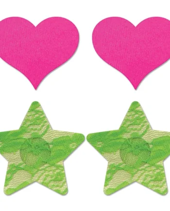 Fantasy Lingerie Glow Fashion Pasties Set: Neon Pink Satin Heart, Neon Green Lace Star