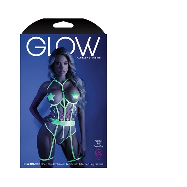 Fantasy Lingerie Glow In A Trance Open-Cup Crotchless Teddy Neon Chartreuse L/XL