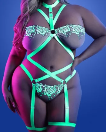 Fantasy Lingerie Glow Night Vision Gartered Cage Strap Teddy - Curvy