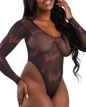 Fantasy Lingerie Vibes Babygirl Sheer Long Sleeve Bodysuit - Curvy
