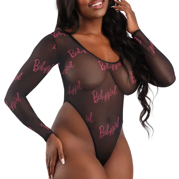 Fantasy Lingerie Vibes Babygirl Sheer Long Sleeve Bodysuit - Curvy