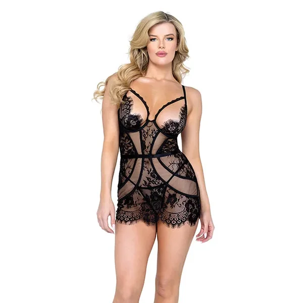 Femme Fatale Scalloped Eyelash Lace & Mesh Chemise & Thong Black MD