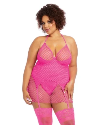 FISHNET 2 LAYER GARTERSLIP & G STRING HOT PINK Q/S