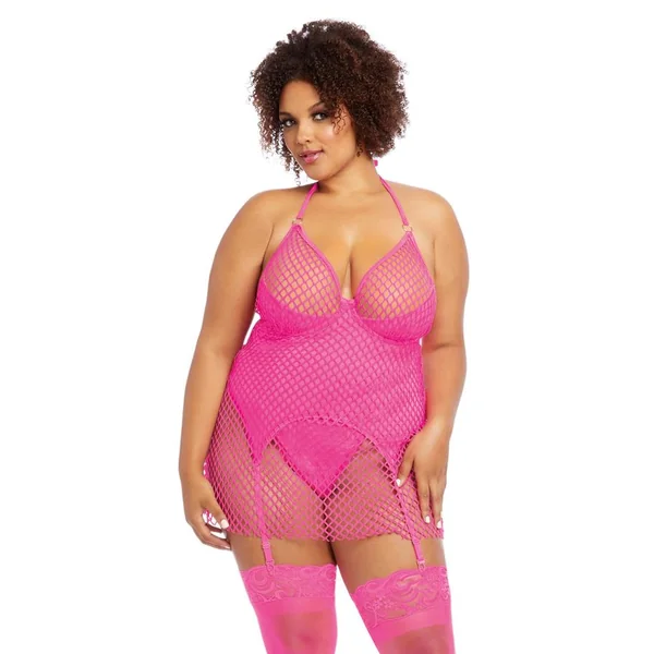 FISHNET 2 LAYER GARTERSLIP & G STRING HOT PINK Q/S