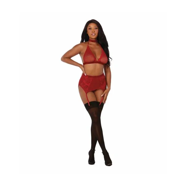 FISHNET & LACE 4PC SET W/ STRETCH VELVET TRIM GARNET O/S