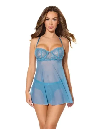 Floral Lace and Mesh Babydoll w/Underwire Cups & High-Waist Thong 2 pc Set – Blue MD