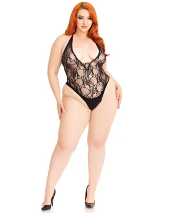Floral Lace Deep-v Lace Up Teddy - 1x/2x - Black