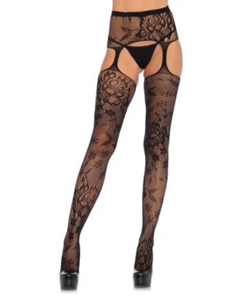 Floral Lace Stockings With Attached Waist Garterbelt - Black - One Size