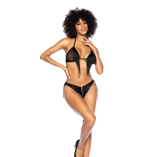 Fringe Halter Top & Open Back Bottom W/front Zipper Black