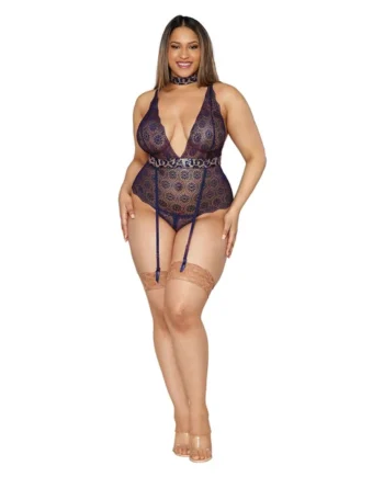 Garter Teddy and Choker - Queen Size - Nocturnal Blue