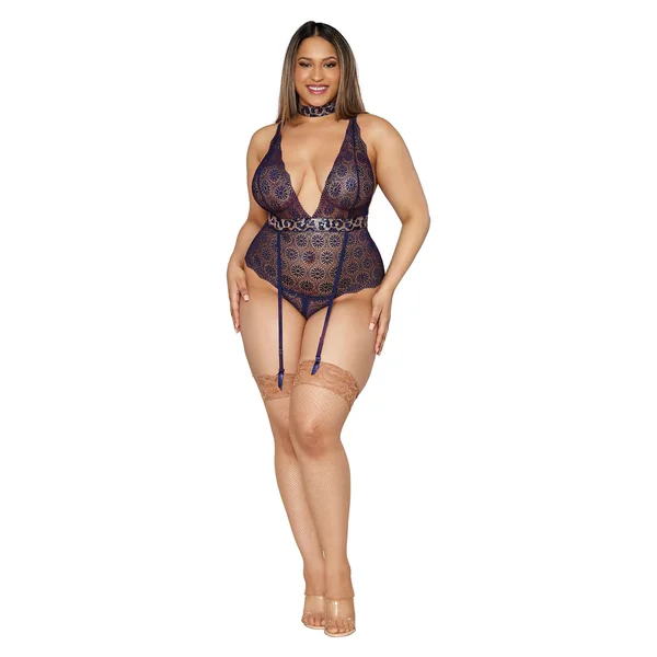 Garter Teddy and Choker - Queen Size - Nocturnal Blue
