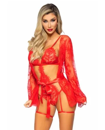 Garter Teddy with String Back and Robe Red Large