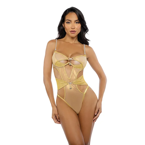 Gilded Beauty Metallic Shimmer Mesh Teddy w/Rhinestone Accents - Gold MD
