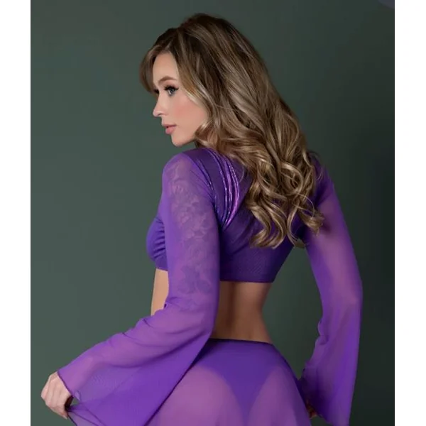 GLIMMER CROP TOP SKIRT THONG METALLIC PURPLE S/M