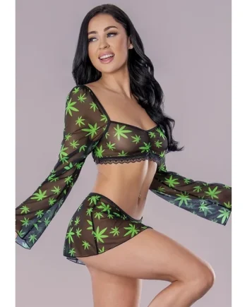 HAZY DAYZ CROP TOP SKIRT & G STRING POT LEAF L/XL