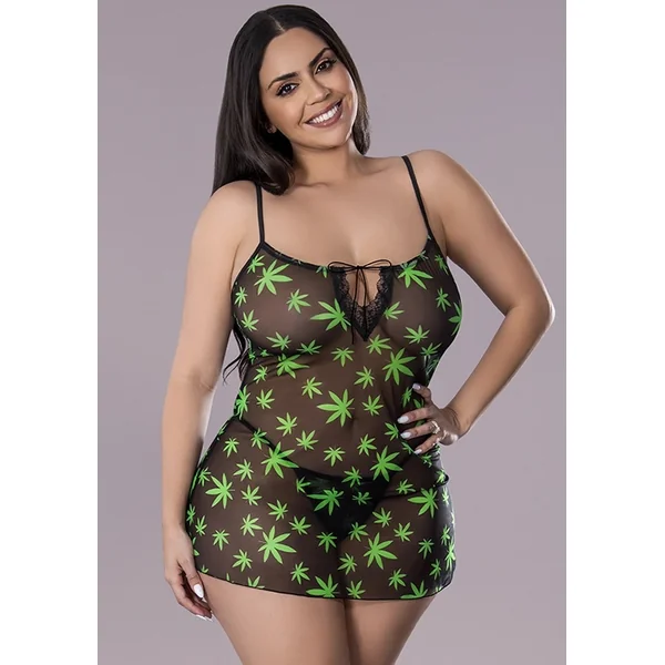 HAZY DAYZ DRESS & G STRING SET POT LEAF 2XL